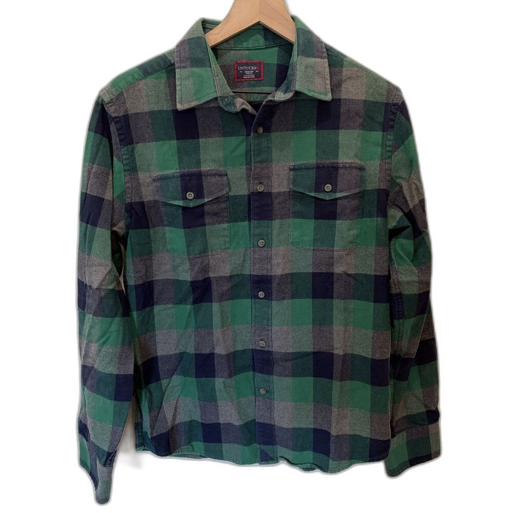 UNTUCKit Men's Plaid Flannel Shirt Blue Gray Green Slim Fit Long Sleeve Medium